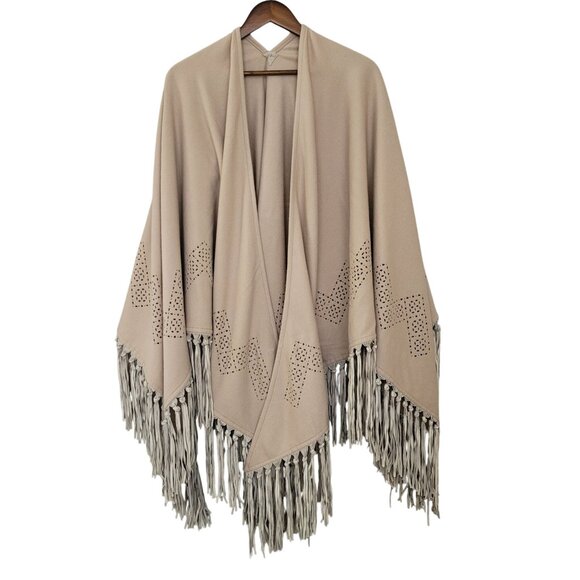 Unknown Jackets & Blazers - 100% Cashmere Beige Poncho Wrap Fringe Trim Eyelet Design OS Made in Italy